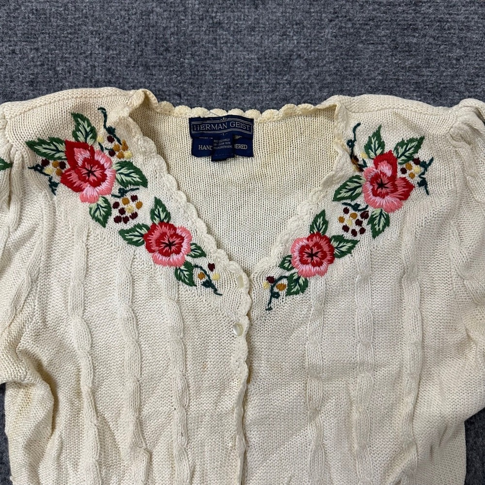 Herman Geist Cardigan Womens Size L Cream Hand Embroidered Floral Cable Knit Top